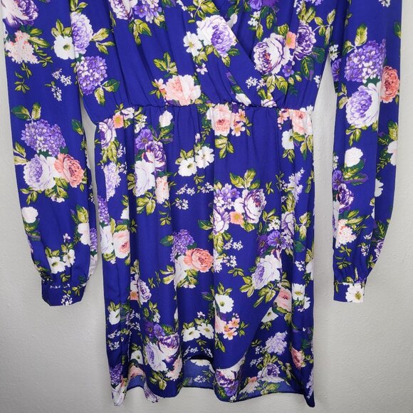 Lulu's That's a Wrap Navy Blue Floral Long Sleeve Dress, Size S - Picture 4 of 8